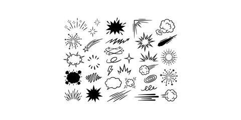 Comic book speech bubbles and explosion elements in black ink set for creative manga or graphic novel design projects. © Png World Collection