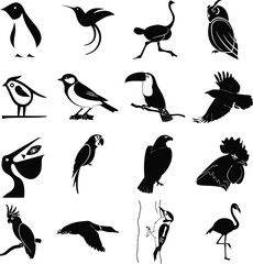 Fototapeta premium Minimalist bird silhouettes collection, 16 black avian icons set. Stylized wildlife vector graphics, modern animal logo elements.