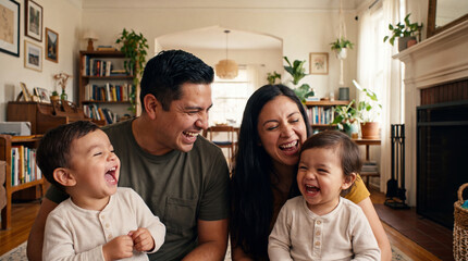 Obraz premium A happy Hispanic family with two toddlers laughs together in a cozy living room, capturing intimate World Smile Day family moments.