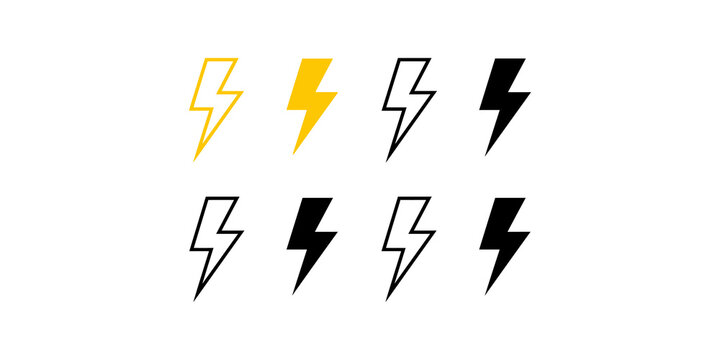 Lightning bolt collection featuring yellow and black icons provides various power and energy symbols for web design.