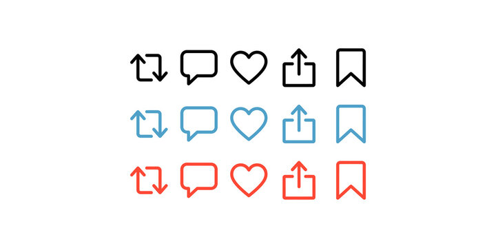 Social media interface linear icon set black blue red line art for digital application engagement user dashboard.
