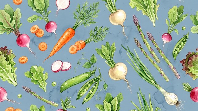 seamless watercolor pattern featuring fresh spring vegetables such as carrots, radishes, peas, asparagus, lettuce