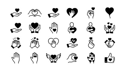 Fototapeta premium hand, heart, icon, set, vector, illustration, silhouette, charity, love, care, community, support, donation, family, kindness, friendship, help, together, balloon, wing, thumb, up, black, glyph, solid