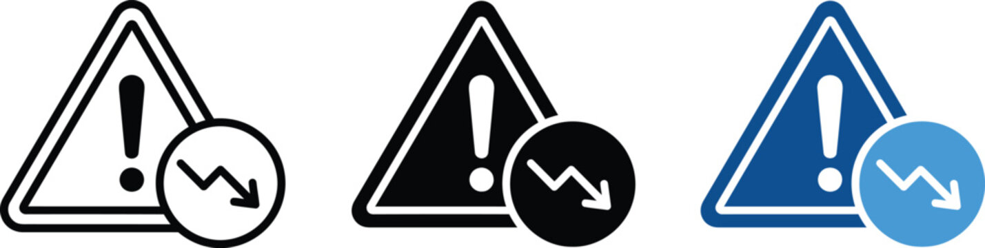 Warning sign icon set with downward arrow in three different color variations