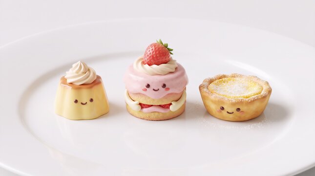 Cute Mini Cakes Assortment, Charming Dessert Illustration, Kawaii Food Design Featuring Cake, Pastry