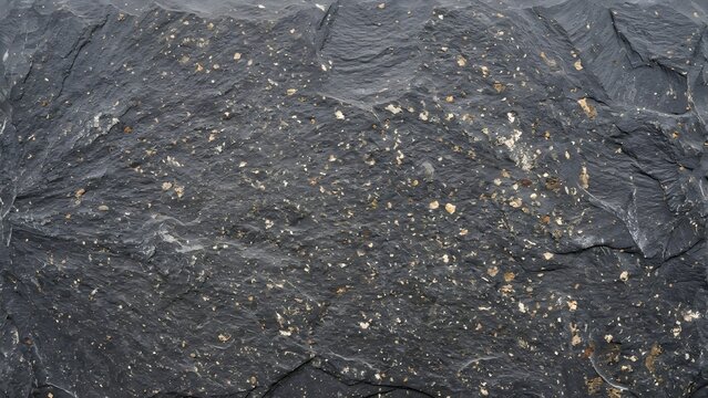 Close-up of a dark gray slate rock texture with speckled gold and white mineral inclusions, showing rough natural surface patterns and geological details.