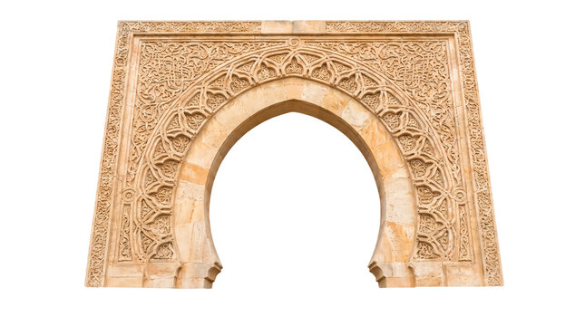 Ornate stone Moorish arch with traditional Arabic carvings and geometric patterns isolated on a clean white background