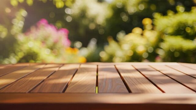 Wooden outdoor table surface with natural sunlight and blurred green garden background perfect for product display