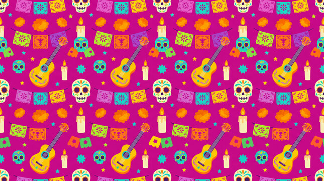 Vivid Day of the Dead pattern background with sugar skulls, marigold petals, papel picado, candles, guitars and stars for posters and greeting cards.