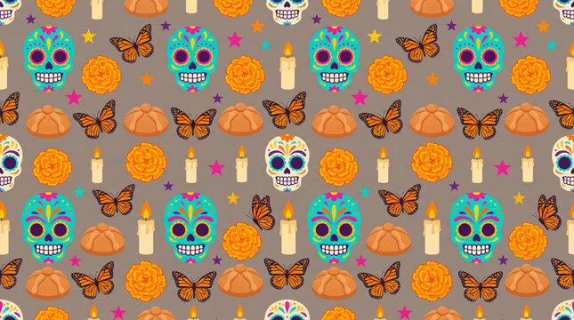 Soft Day of the Dead pattern background with sugar skulls, marigolds, butterflies, candles, pan de muerto and stars for invitations and banners.