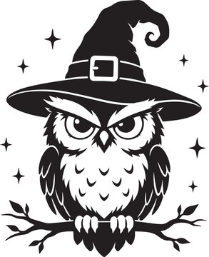 Black and white illustration of a wise owl wearing a witch hat for a spooky halloween celebration
