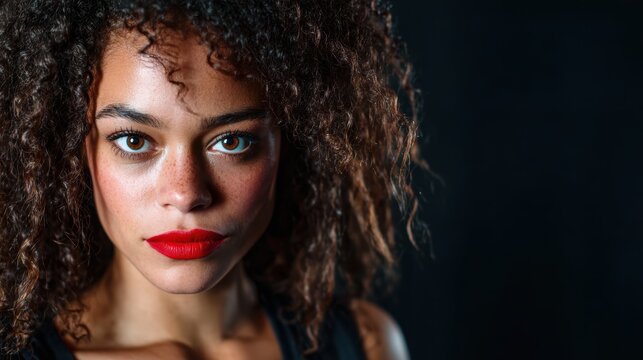 An intense portrait of a woman with captivating curly hair, striking red lips, and engaging gaze, perfectly capturing strong emotions amidst a contrasting dark background.