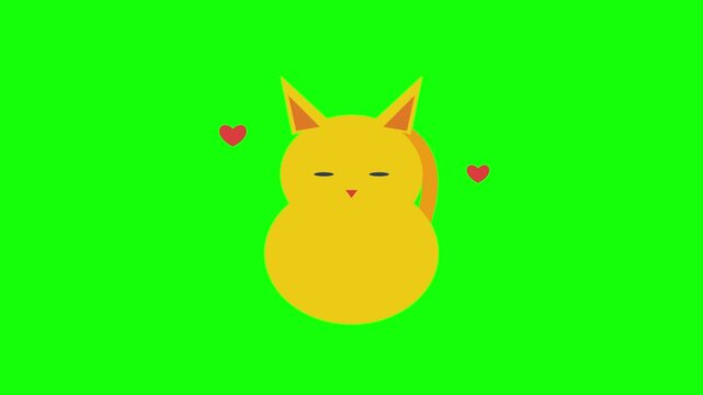 Minimalist flat vector illustration of a cute yellow cartoon cat with a round body and pointed ears, featuring two small red hearts on a solid bright green background screen for compositing.