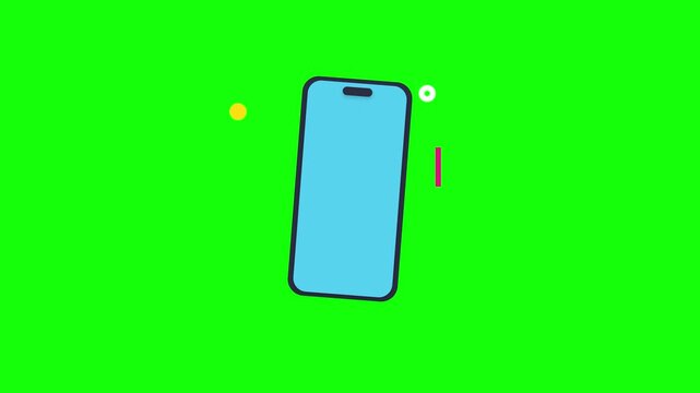 Minimalist 2D illustration of a blue smartphone with a pill-shaped notch on a vibrant green background, featuring abstract geometric shapes like circles and bars.