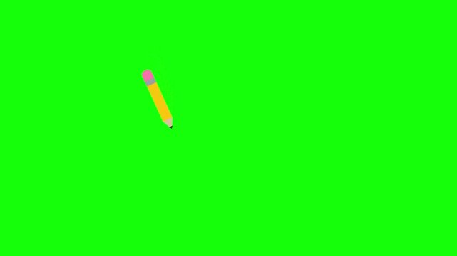 Minimalist illustration of a classic yellow wooden pencil with a pink eraser drawing a large black checkmark icon on a solid vibrant green background, ideal for compositing.