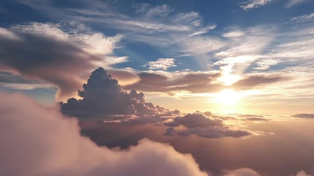Epic cloudscape aerial view of beautiful sunset rays and sunbeams peeking through puffy cumulus formations at high altitude
