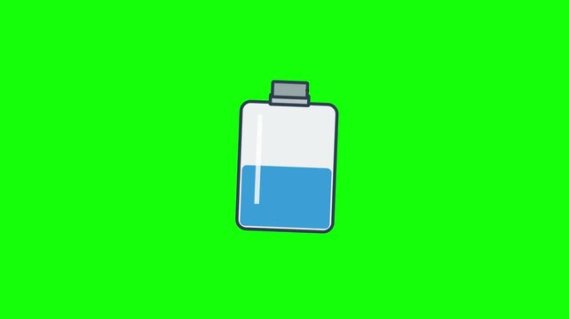 Tilted 2D battery icon with blue liquid filling half of the container on a solid bright green background. Modern flat design graphic representing power levels and energy status.