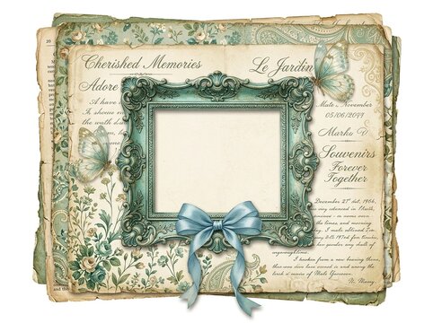 Vintage photo frame with blue bow and butterflies on floral scrapbook paper background isolated on white background
