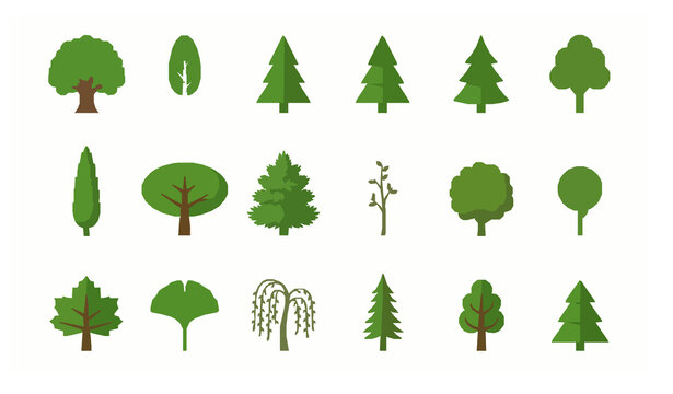 Flat Tree Icons Collection with Simple Green Nature and Forest Elements Vector Set