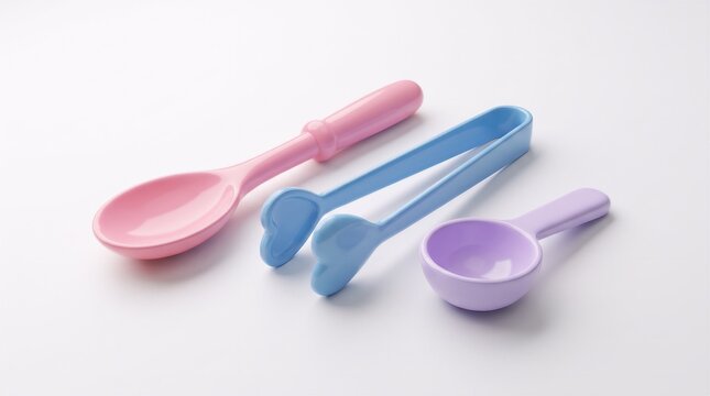 Measuring Spoons Set, Pink, Blue, and Lavender Plastic Kitchen Tools. Baking Ingredients, Cooking Utensils