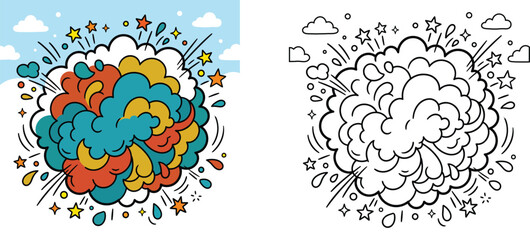 Comic style explosion smoke cloud with stars, colorful pop art boom burst and black and white coloring page outline vector illustration © MMONIR
