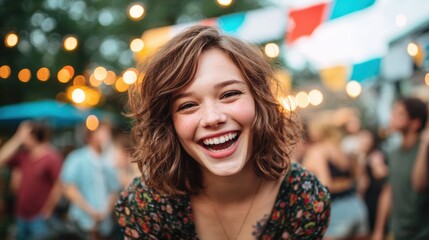 Obraz premium A cheerful young woman is captured laughing and enjoying herself at a vibrant outdoor party, showcasing the joy and connection of friends and festivities together.