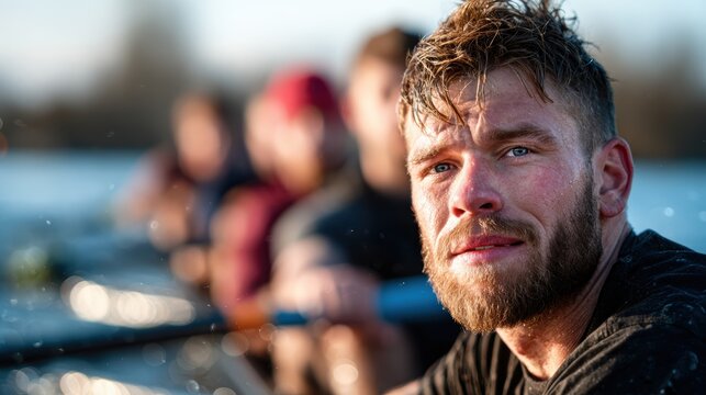 A portrait of a male athlete with a determined expression, showcasing his dedication and strength while rowing on the water, capturing the spirit of competition and perseverance.