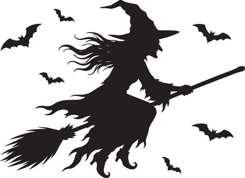 Black silhouette of a witch flying on a broomstick with bats for a spooky halloween themed design