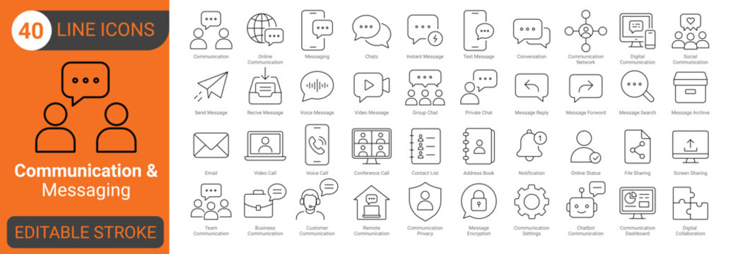 Communication and messaging line icon set with collaboration, chat, text message, email, video call, social communication, file sharing, group, customer and digital collaboration. Editable stroke.