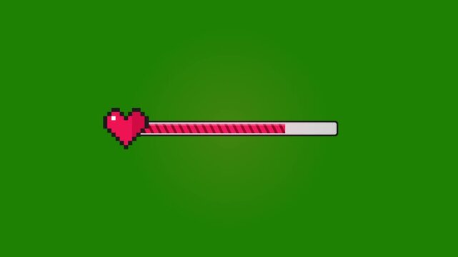 Loading bar pixel with heart. Pixel art health bar with red heart icon, retro gaming life meter on green screen, 8-bit video game status indicator for streaming