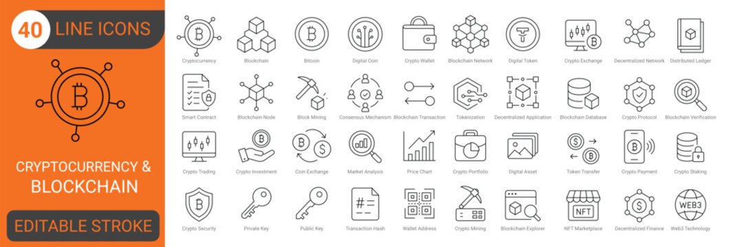Cryptocurrency and blockchain line icon set with  bitcoin, crypto wallet, digital coin, token, trading, mining, payment, network, currency and decentralized finance. Editable Stroke. Vector line icon.