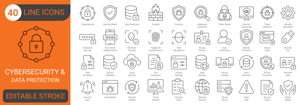 Cybersecurity and data protection line icon set with security, password, antivirus, firewall, encryption, privacy, authentication, data, protection, antivieus, and network security. Editable stroke.