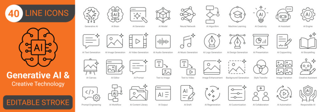 Generative ai and creative technology line icon set with ai image, text, video, audio, design, writing, automation, machine learning and creative tools. editable stroke.