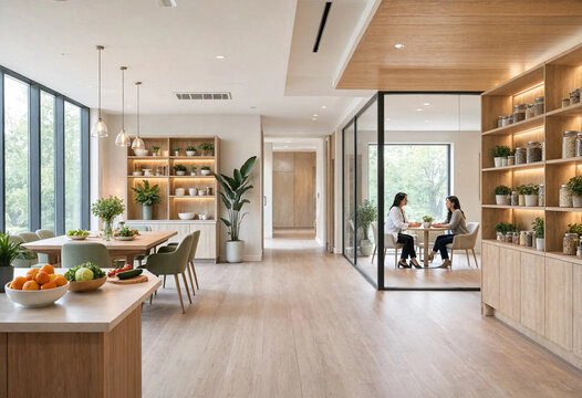 Modern nutrition clinic interior with nutritionist and client consulting consultation room medical office wellness center health consulting client meeting interior design office space