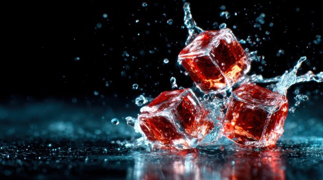An artistic capture of ice cubes splashing into a vibrant beverage, creating a dynamic and refreshing scene that's both visually stimulating and evokes a sense of coolness and enjoyment.