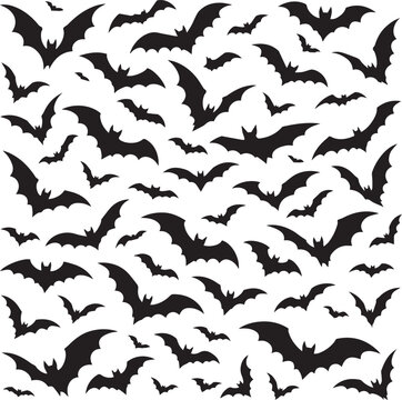 Seamless pattern of black flying bats isolated on white background for spooky halloween holiday party decorations