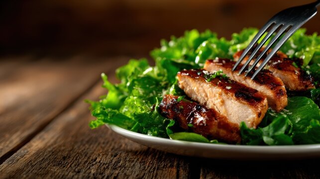 This enticing image showcases juicy grilled chicken slices served atop a bed of crisp, fresh greens, perfect for healthy eating and culinary delights.