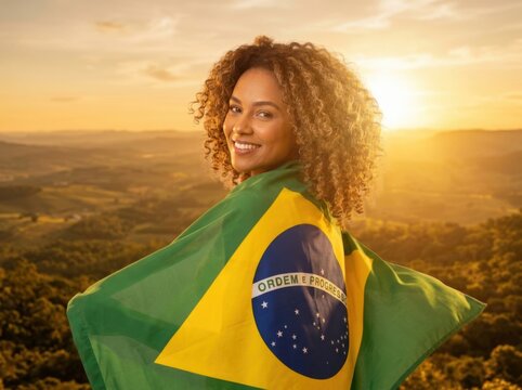 Smiling woman with curly hair wrapped in brazilian flag at sunset