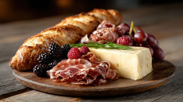 An exquisite charcuterie board displaying an array of meats, cheeses, and fruits elegantly arranged, inviting tantalizing culinary delight for gatherings and celebrations.