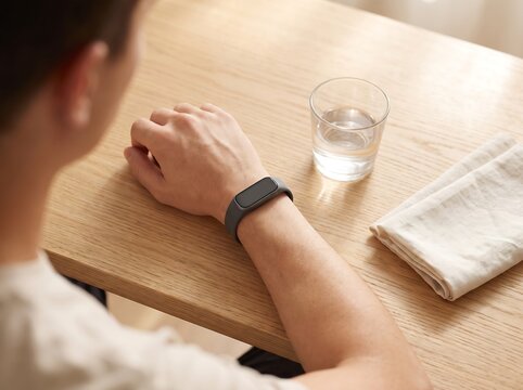 Close up of man wearing smartband at wooden desk with warm fall background