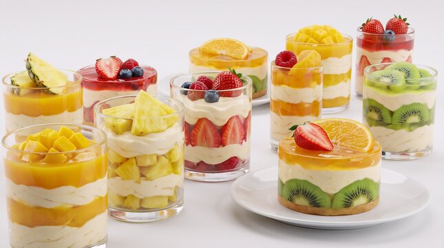 Fruit Parfaits in Clear Glasses, Layered with Fresh Fruit and Cream. Dessert Concept, Vibrant Colors, Healthy Snack