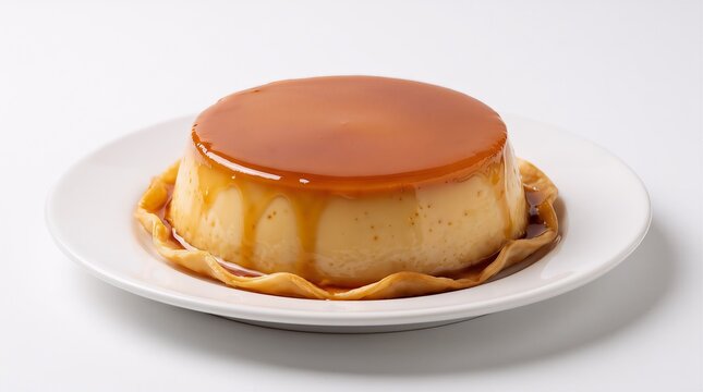 Flan Dessert on a White Plate, a Creamy Custard with Caramel Topping, a Delicious Sweet Treat for Dessert