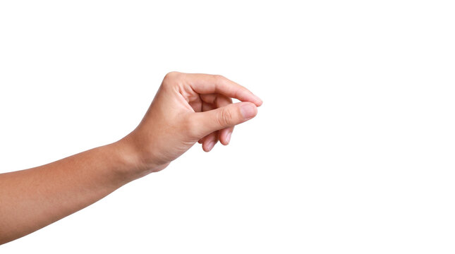 Hand Holding Tiny Invisible Object Pinch Gesture PNG Photo - hand, pinching gesture, holding gesture, empty hand, hand gesture, thumb and finger, human hand, side view, isolated, white background