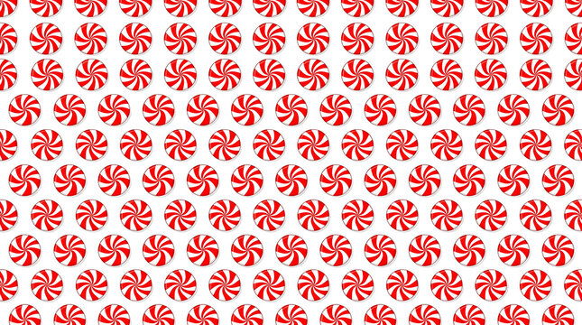 Seamless pattern of red and white peppermint swirl candies on a white background.