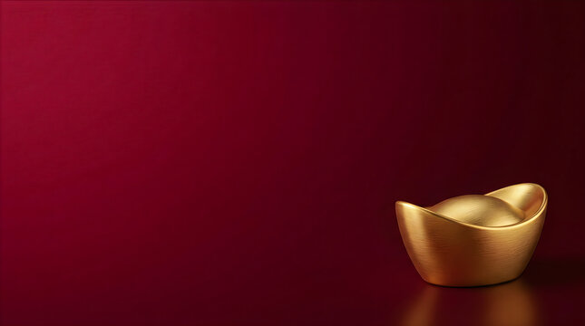Golden fortune cookie on a deep red background with space for text
