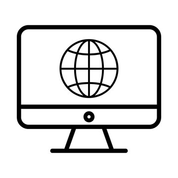 Computer monitor with globe world network line art icon