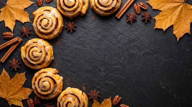 Flat lay fall background with pumpkin spice rolls and autumn leaves on slate.