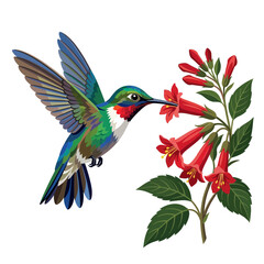 Fototapeta premium Hummingbird feeding on red flowers, isolated