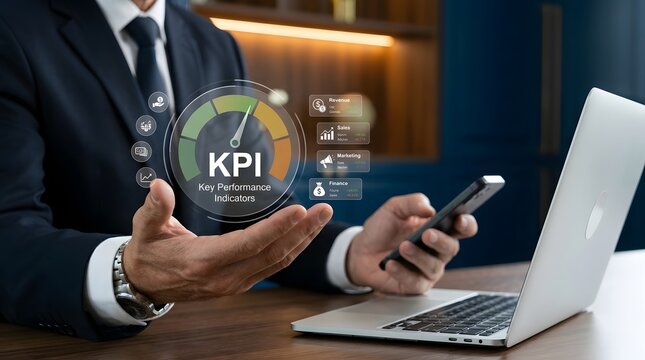 Man presenting key performance indicators with digital interface and laptop