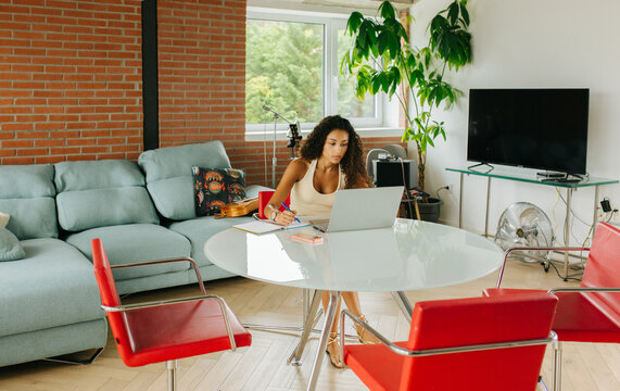 Woman Writing Notebook In Living Room